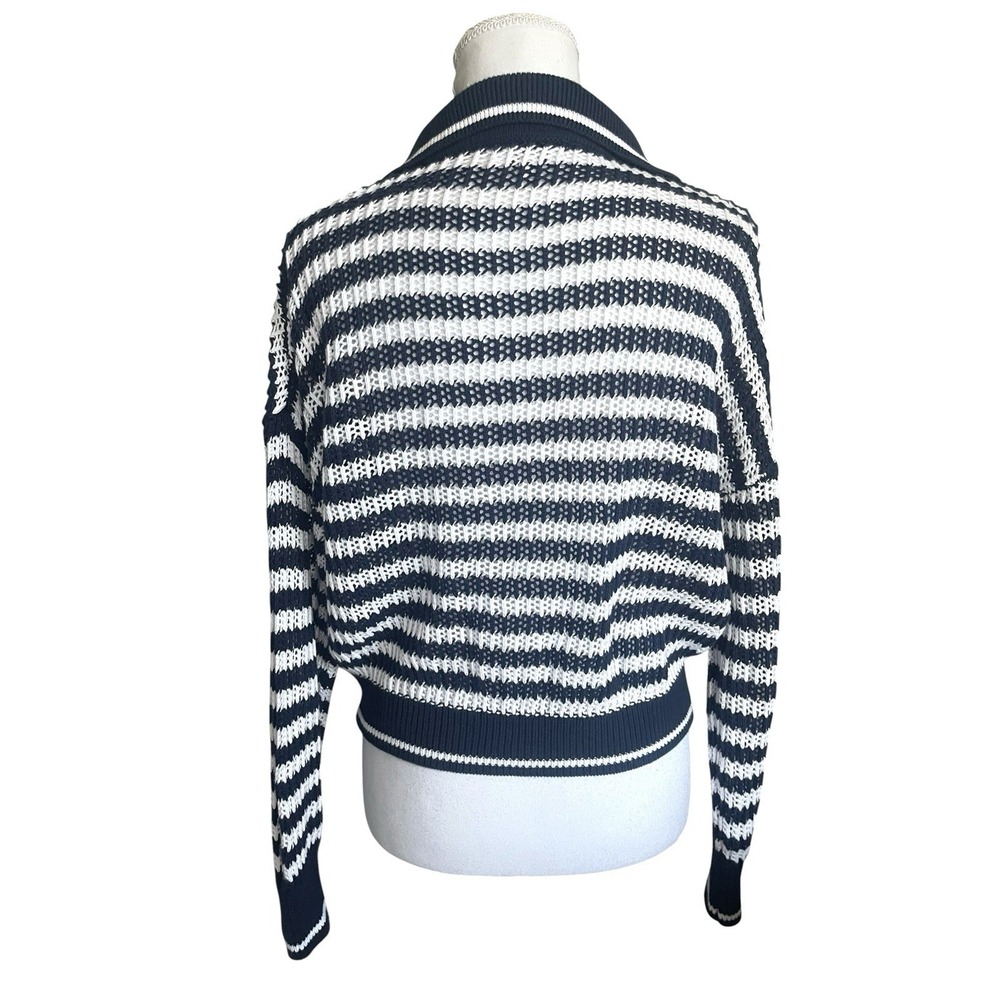 525 America Kimberly Cotton Navy Stripe Open Knit Polo Sweater XS Coastal Preppy - Picture 10 of 15